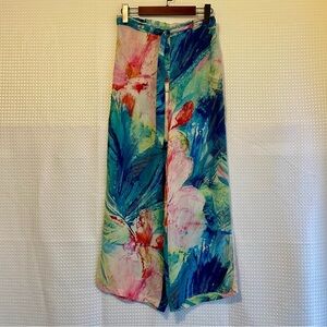 JOSIE NATORI 100% Silk Wide Leg Pants Abstract Pink Blue Size Small Belted #740